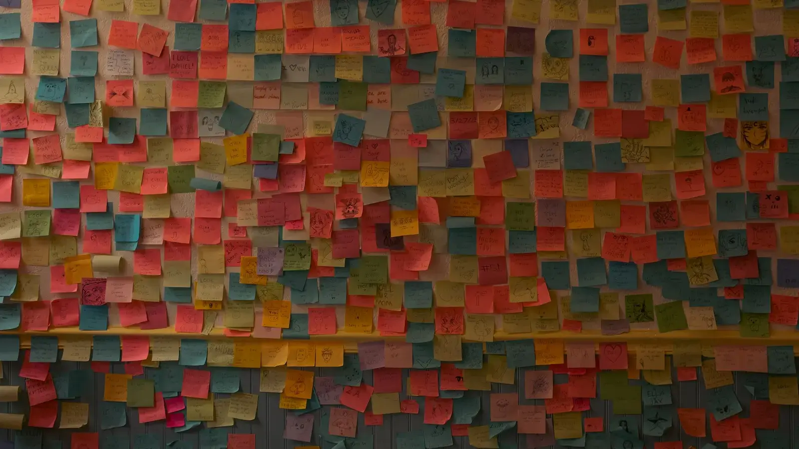 A wall covered edge to edge in handwritten notes.