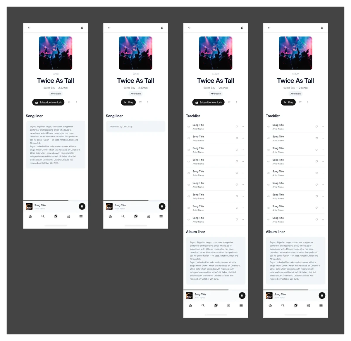 Track and album detail screens showing a subscribe-to-unlock gate, play controls and a tracklist.