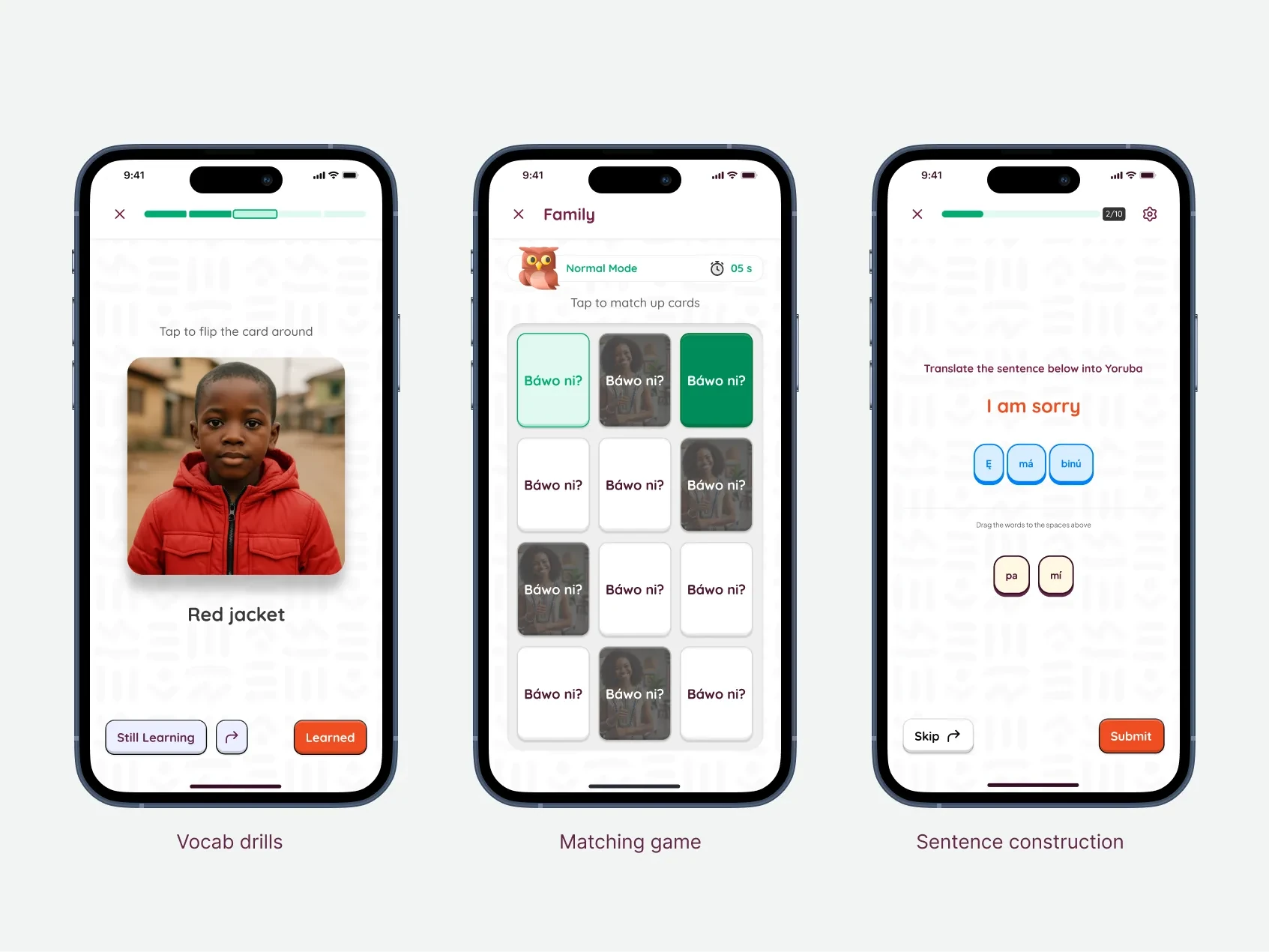 Three exercise screens: a vocab drill flashcard, a matching game, and sentence construction.