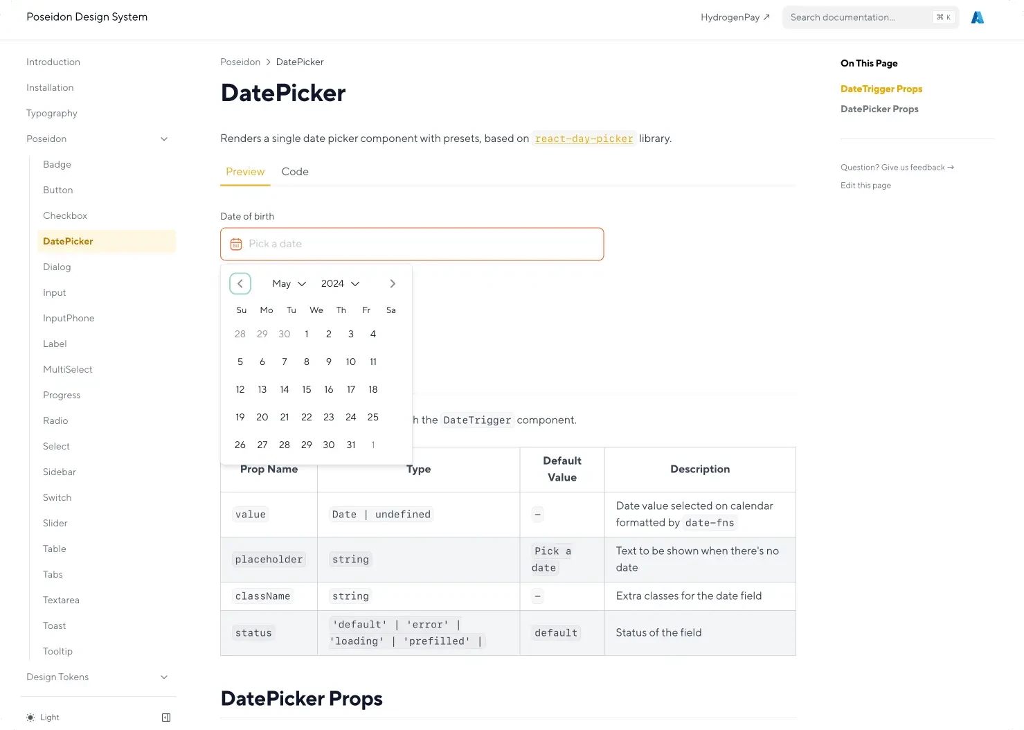 A Poseidon component documentation page for a date picker, with a live preview, a props table listing value, placeholder, class and status, and a component sidebar.