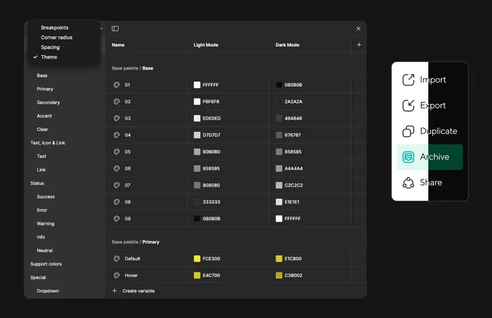 The semantic token panel with base and primary colour palettes shown as light and dark mode swatches with hex values, and a menu for breakpoints, corner radius, spacing and theme.