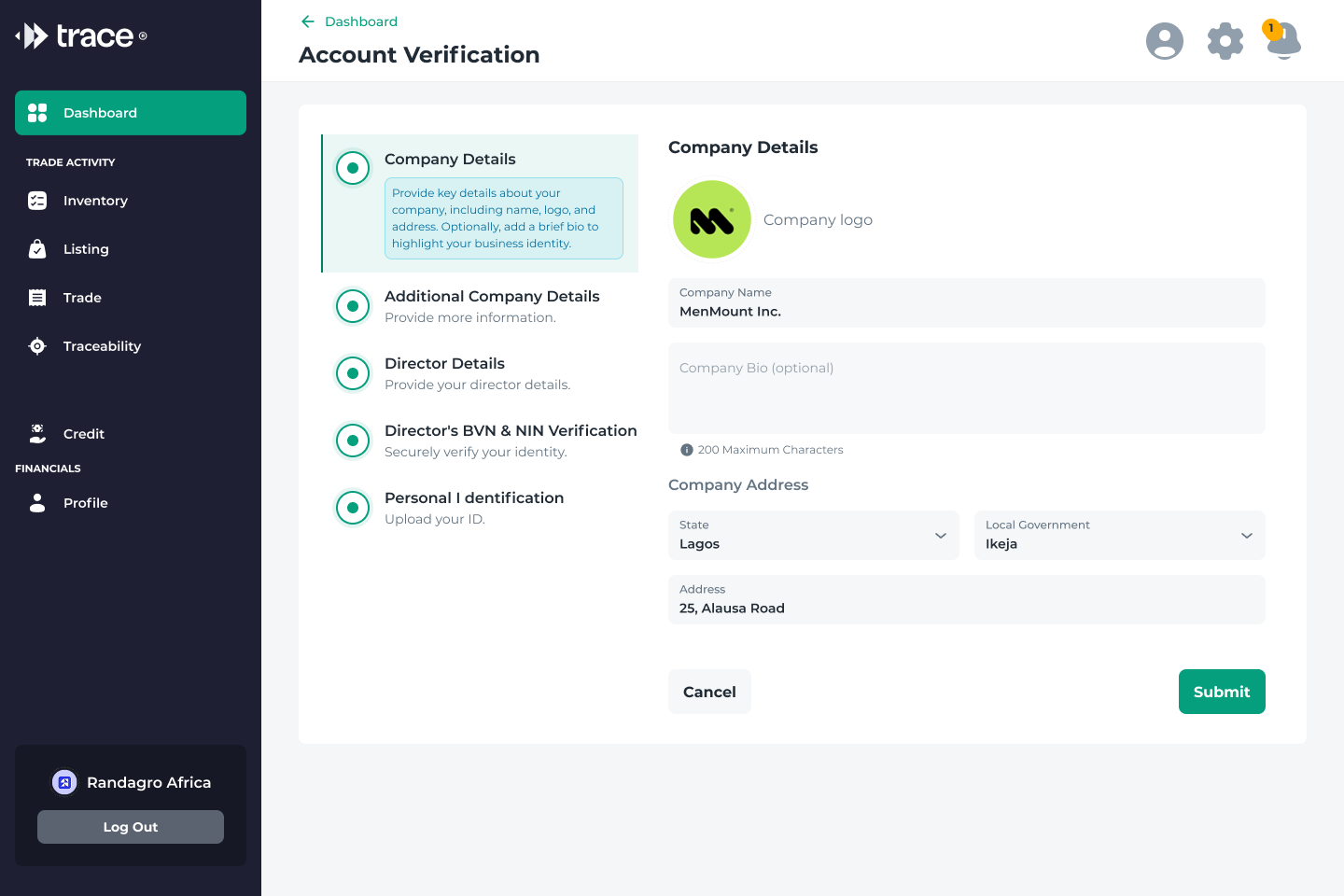 Account verification: a five-step checklist with company details open, showing the verification states that gate trading.