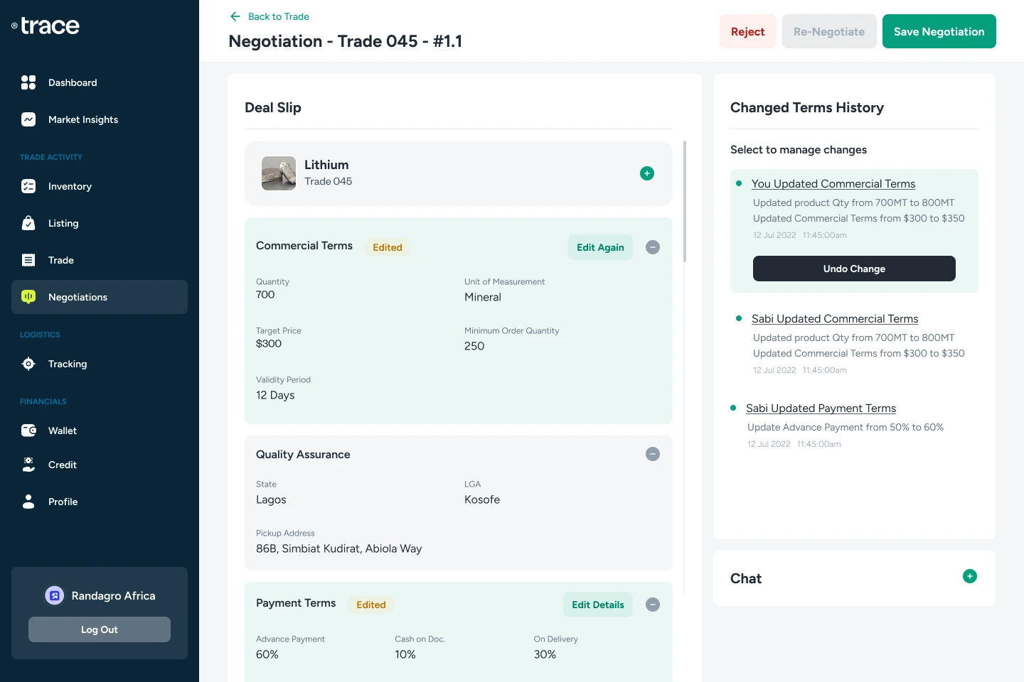 The versioned deal slip: commercial and payment terms with a changed-terms history panel, edit and undo controls, and accept, counter and reject actions.