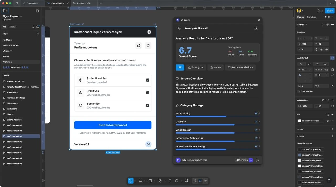 The UX Buddy analysis result inside Figma, with an overall score and category ratings for accessibility, usability, visual design, information architecture and interaction design.