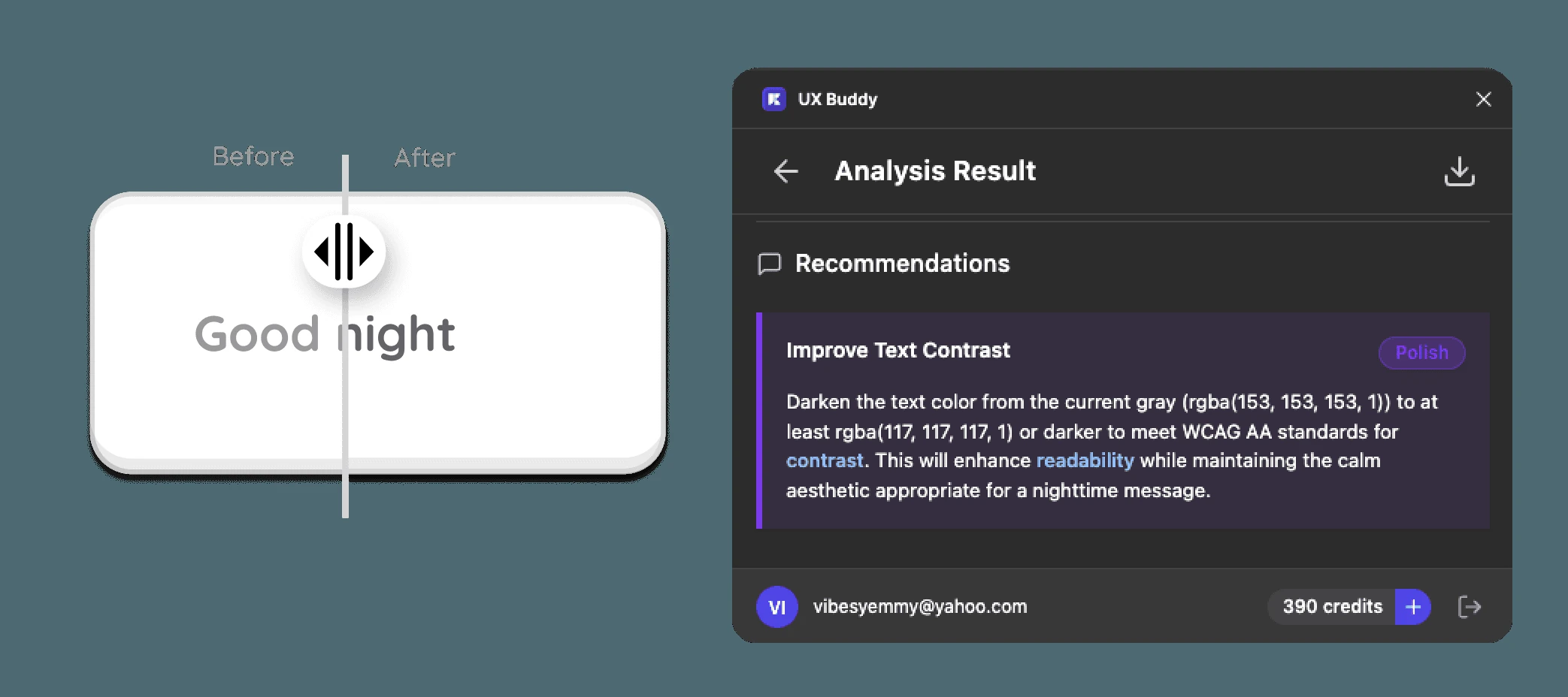A before-and-after contrast comparison with a recommendation to darken text from rgba(153,153,153) to rgba(117,117,117) to meet WCAG AA.